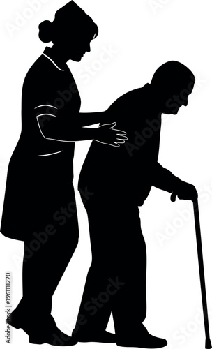 Elderly person receiving assistance while walking with cane silhouette