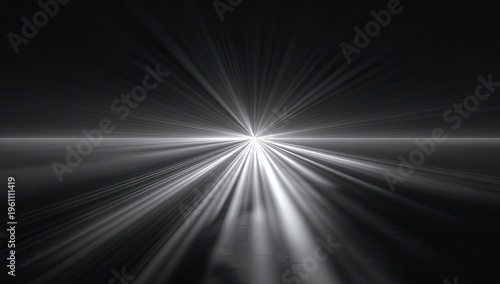 Bright white light bursts outwards from a central point on a dark, reflective surface