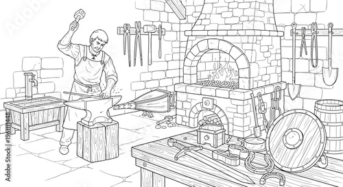 Blacksmith working at forge in medieval workshop