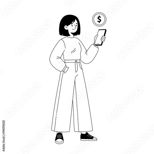 Young Woman Holding Smartphone With Floating Coin Icon Representing Mobile Payment And Digital Finance