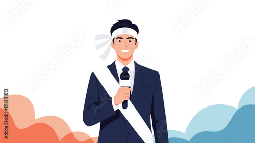 Male political candidate in a dark suit wearing a white headband and sash while holding a microphone and smiling at the audience.