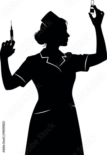 Nurse silhouette holding syringe and medicine bottle isolated graphic