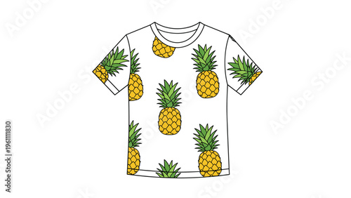 White short-sleeved children's t-shirt featuring a repetitive yellow pineapple pattern print isolated on a plain white background.