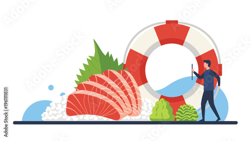 Large plate of fresh tuna sashimi slices served with wasabi and ginger next to a red and white lifebuoy and a small male figure.