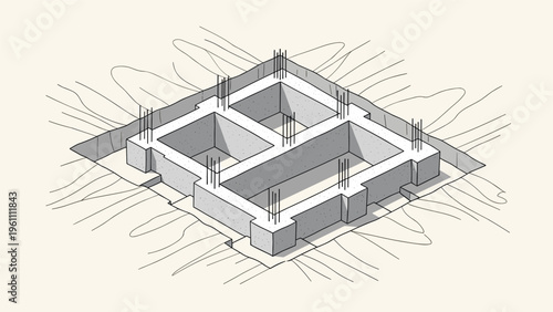 Isometric drawing of a reinforced concrete building foundation with rebar poking out during the initial phase of house construction.