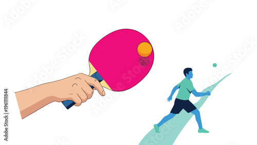 Hand holding a pink table tennis paddle about to hit a ball with a blurry silhouette of a player in the background on a white background.
