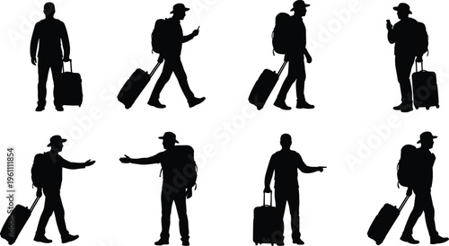 Black silhouette vector illustration of traveler with backpack and rolling suitcase in multiple poses walking, pointing, checking phone, standing, journey scenes