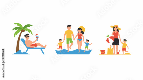 Summer beach vacation illustration with family and people relaxing