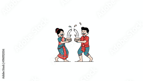 Songkran Water Festival Couple Splashing Water Illustration