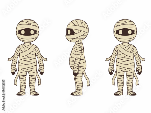 Cartoon mummy character model sheet with front and side views