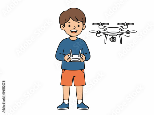 Little boy operating a quadcopter drone with remote control