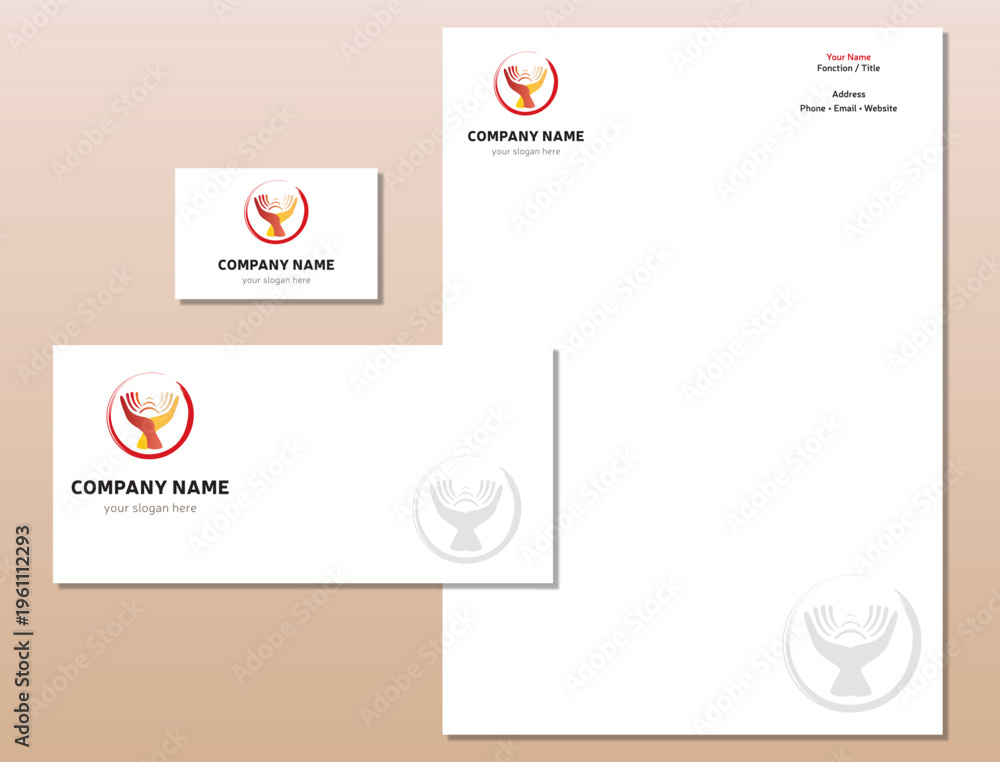 Naklejka premium Modèle Charte et Identité Graphique Identité Logo Abstrait Mains et Cercles - Papier et Carte Visite Vecteur