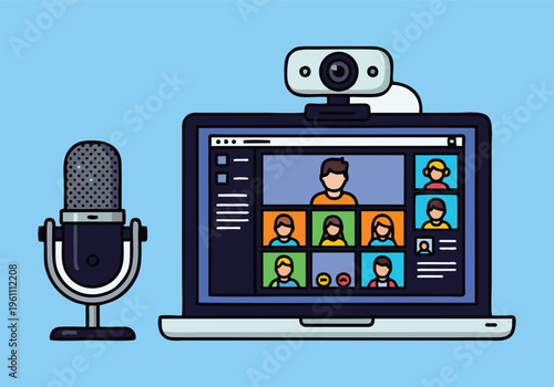 3D illustration of a vintage video camera with a microphone on a white background featuring retro studio recording equipment for podcast broadcast and audio media communication