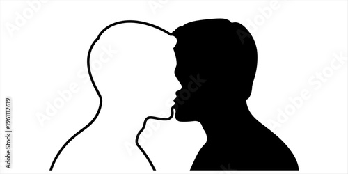 Two male head silhouettes in black and white kissing each other on a white background Vector, illustration