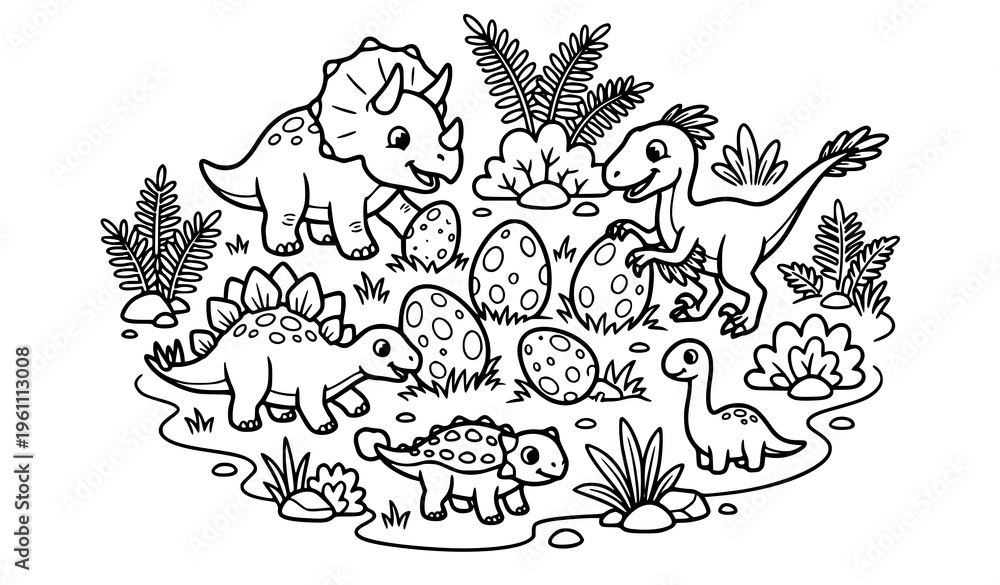 Fototapeta premium Cartoon Dinosaur Outline Coloring Page with Triceratops Stegosaurus Eggs and Plants Vector