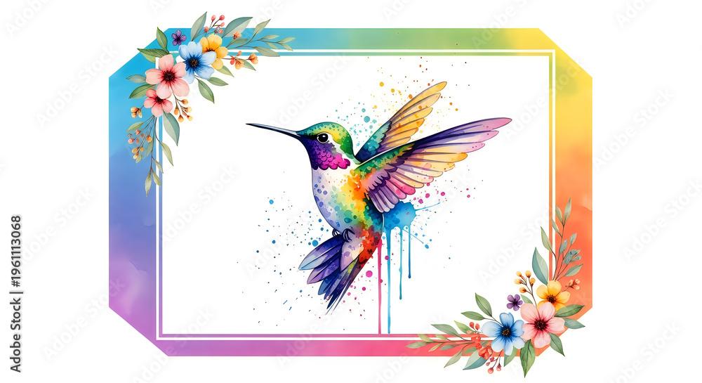 Fototapeta premium A colorful hummingbird in flight surrounded by vibrant flowers and leaves