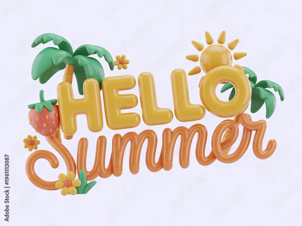 Fototapeta premium Dynamic 3D Summer Graphic Featuring Bold “HELLO SUMMER” Lettering with Fun and Vibrant Holiday Vibes