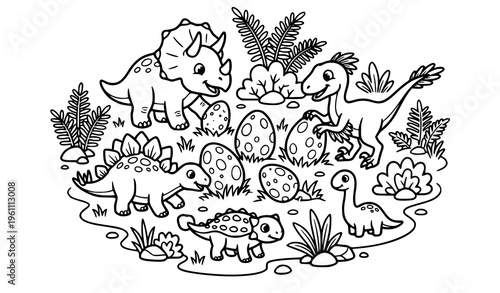 Cartoon Dinosaur Outline Coloring Page with Triceratops Stegosaurus Eggs and Plants Vector