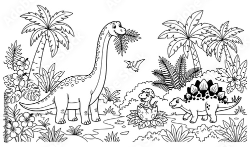 Dinosaur Coloring Scene Outline with Brachiosaurus Baby Dino Eggs and Plants Kids Vector