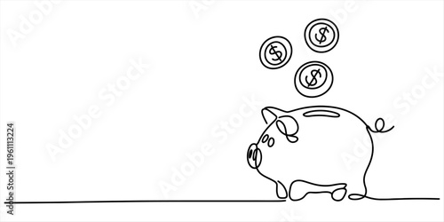 Continuous line drawing of a piggy bank with dollar coins falling into the slot on its back. Vector, illustration