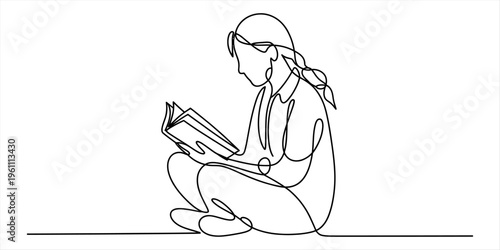 Continuous line drawing of a young girl sitting cross-legged and reading a book intently. Vector, illustration