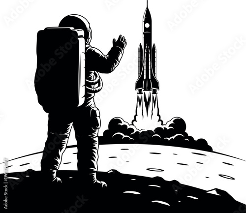 Astronaut Waving Goodbye As Rocket Launches Behind On Moon Surface