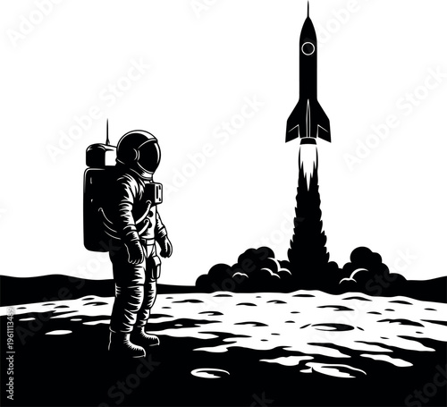 Astronaut standing on moon surface watching rocket launch behind