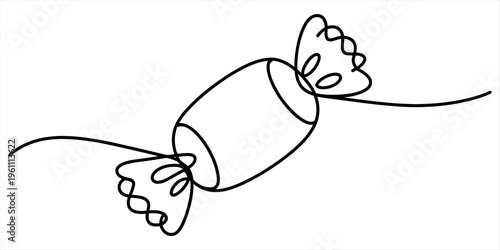 Minimalist continuous line drawing of a single wrapped candy on a plain white background Vector, illustration