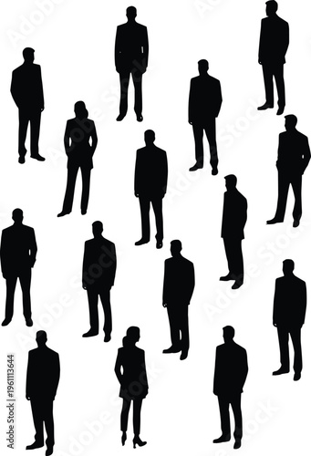 Silhouettes of diverse business professionals standing in formation, representing teamwork, corporate culture, leadership, and workplace diversity in a modern professional environment.