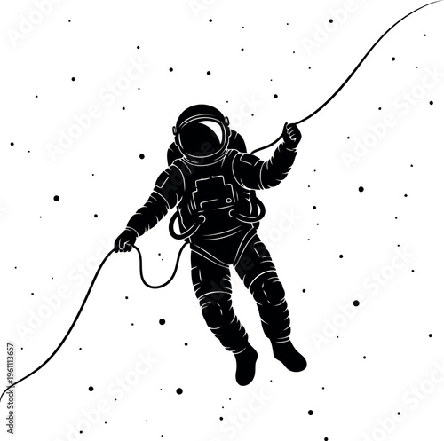 Astronaut floating in space holding a long tether line illustration
