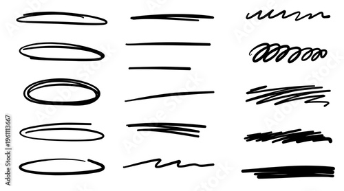 Vector collection of hand drawn black ink strokes, oval circles, and wavy underlines isolated on white. Minimalist pen scribbles and thick highlighter lines for emphasis and design.