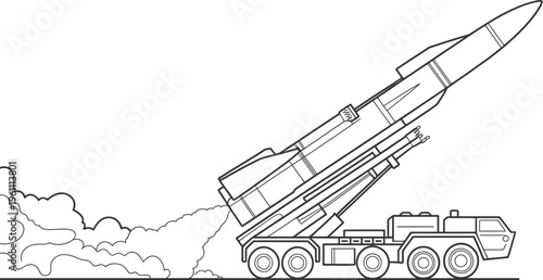 Rocket launch line drawing, hand drawn illustration of missile launching from mobile ground system with smoke clouds for defense technology and action design.