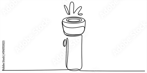 Continuous line drawing of a simple flashlight with light rays emanating from the top. Vector, illustration