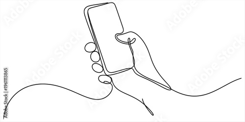 Minimalist continuous line art illustration of a hand holding a mobile phone device. Vector, illustration