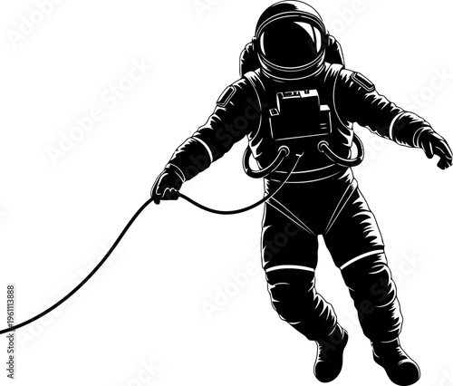Astronaut Floating In Space Holding Tether Line Illustration