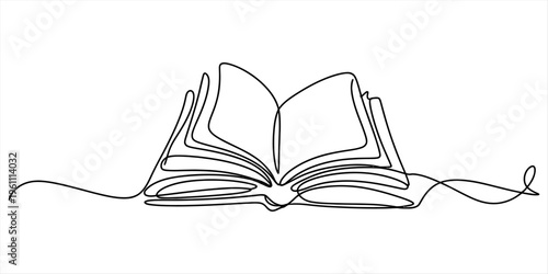 Continuous line drawing of an open book with pages fluttering on a white background. Vector, illustration