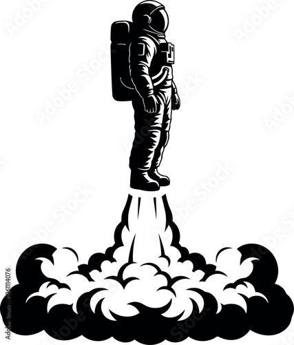 Astronaut Launching Rocket With Fire And Clouds Illustration