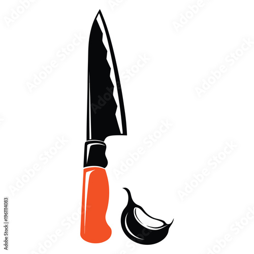 Minimalist chef’s knife and a garlic clove. isolated on White Background
