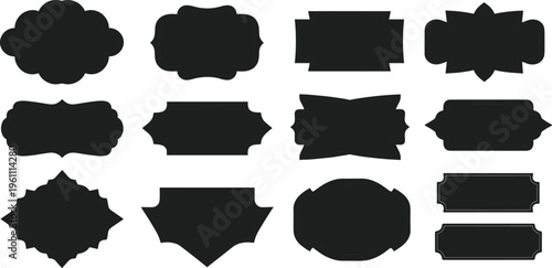 Black silhouette vector illustration set of vintage labels, ornamental badges, scalloped edges, decorative frames, symmetrical design elements for branding