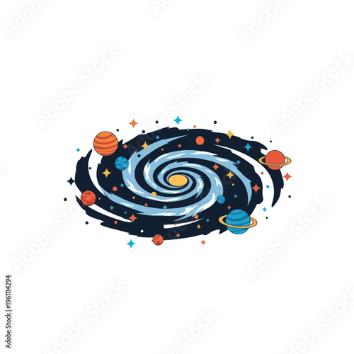 Colorful Cartoon Galaxy with Planets and Stars Illustration.