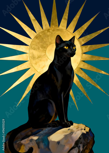 Art Deco black cat with golden sun 
