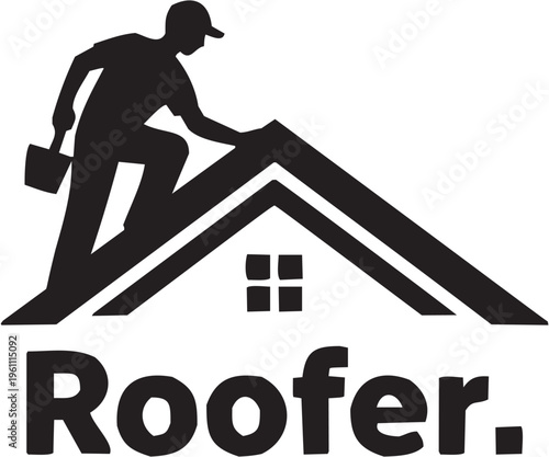 Roofer construction vector illustration for building tattoo or industrial logo. Glyph pictograms of roofer working on house roof with text Roofer. Vector illustration isolated on transparent backgroun
