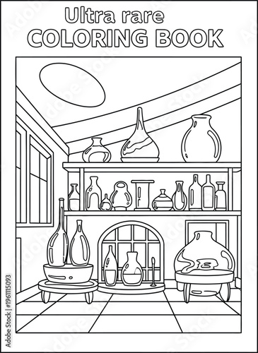Coloring book page of shelves filled with bottles