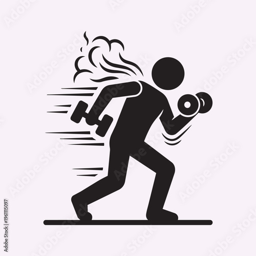 Stick Figure Holding Dumbbells Arm Curl Exercise Motion Fitness Concept Minimal Black Vector Silhouette Illustration