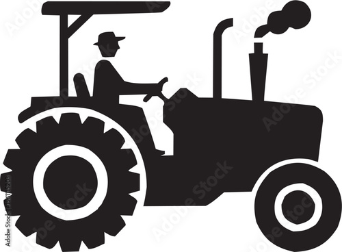 Tractor driver vector illustration for farming tattoo or agriculture logo. Glyph pictograms of person driving tractor in rural field. Vector illustration isolated on transparent background