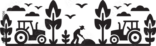 Farming worker vector illustration for agriculture tattoo or rural logo. Glyph pictograms of farmer bending near plants with birds overhead. Vector illustration isolated on transparent background