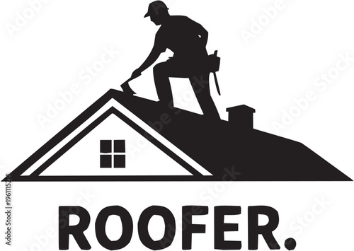 Roofer construction vector illustration for building tattoo or industrial logo. Glyph pictograms of roofer standing on roof symbol