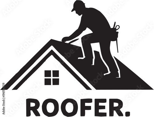 Roofer construction vector illustration for building tattoo or industrial logo. Glyph pictograms of roofer kneeling on roof symbol