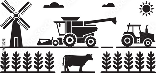 Harvester auger vector illustration for farming tattoo or rural logo. Glyph pictograms of harvester with auger, cow, crops and clouds