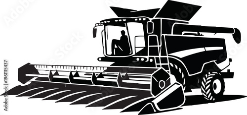 Agricultural machinery vector illustration for farming tattoo or industrial logo. Glyph pictograms of combine harvester alternate perspective